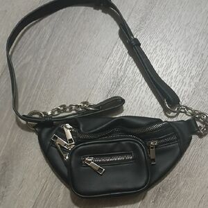 Black Leather Belt Bag with Silver Zippers